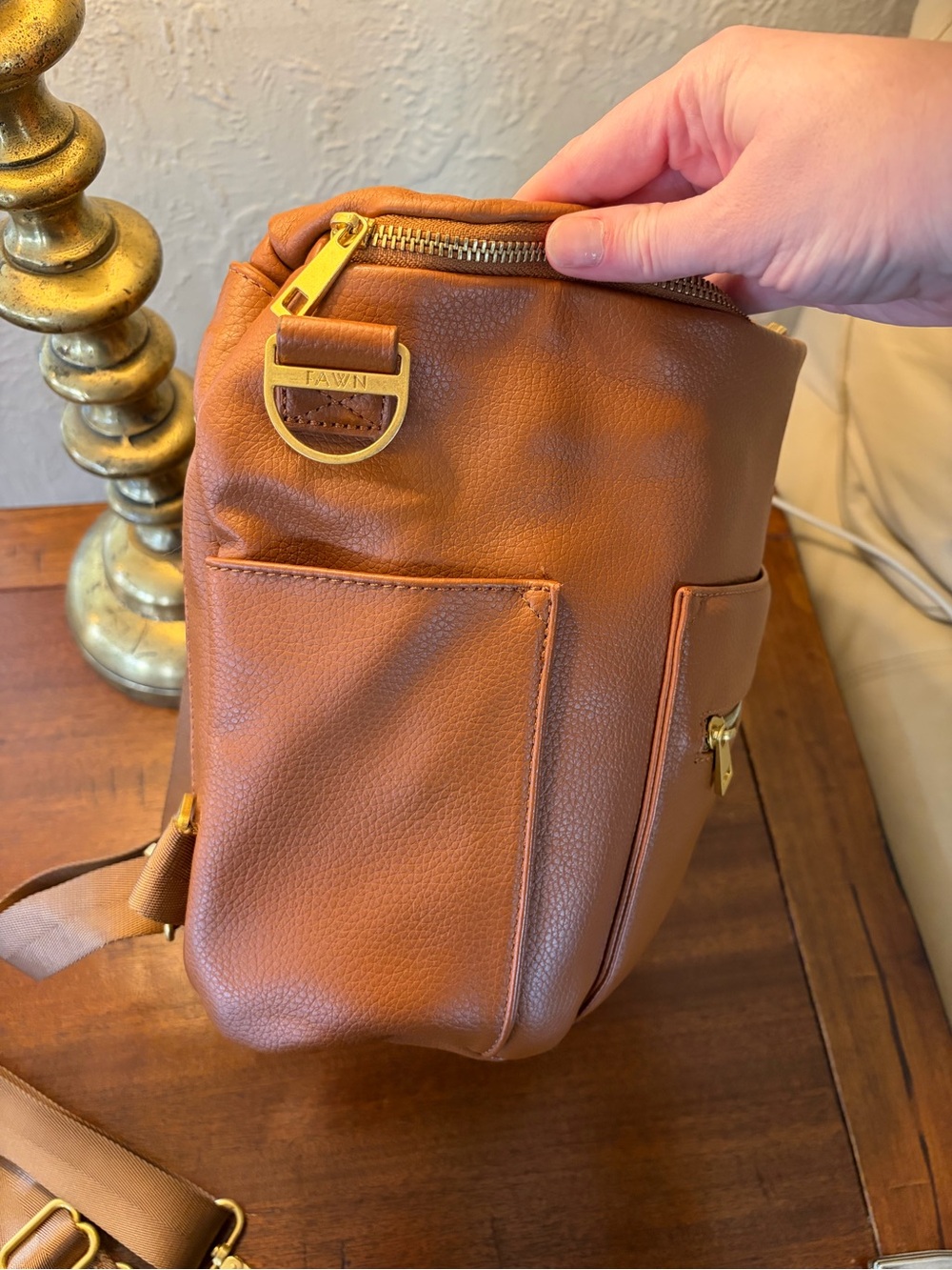 Fawn Design Convertible Leather Backpack Diaper Bag in Tan - Picture 3 of 12